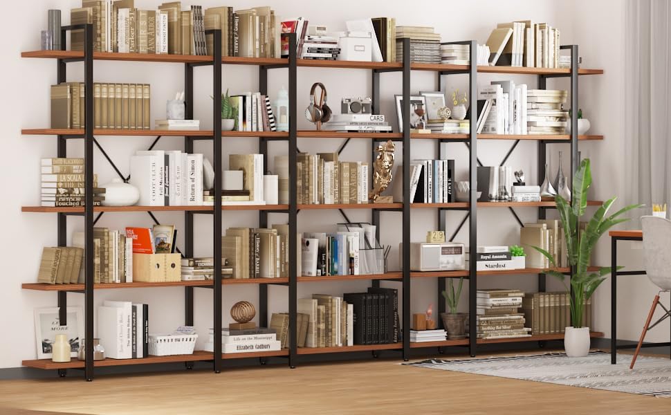 BATHWA Wood and Metal Minimalist 5 Tier Bookshelf, 6 feet Tall Open Rustic Wide Bookcase Industrial Style