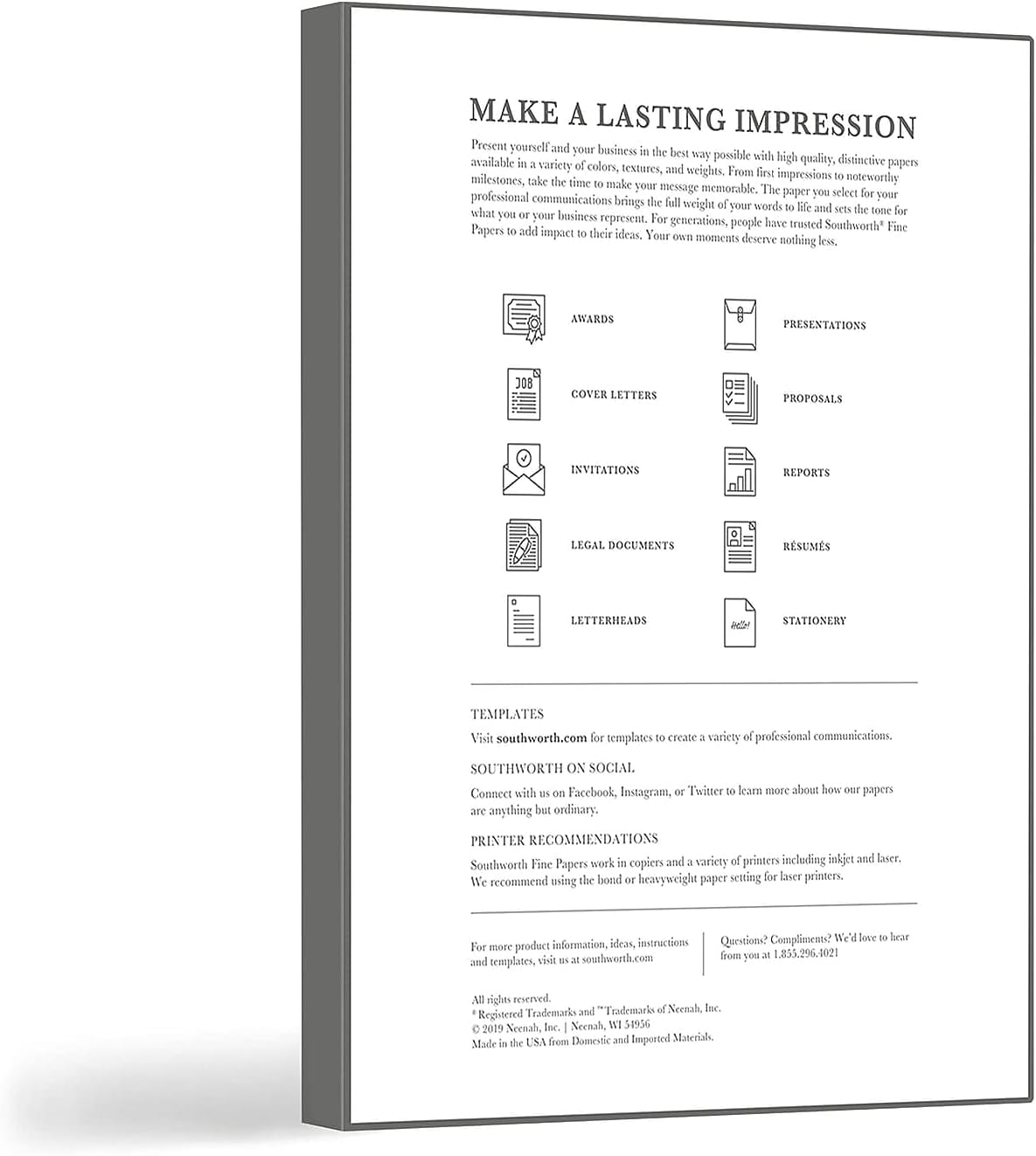 Southworth® 100% Cotton Résumé Paper, 8 1/2" x 11", 32 Lb, 100% Recycled, White, Pack of 100