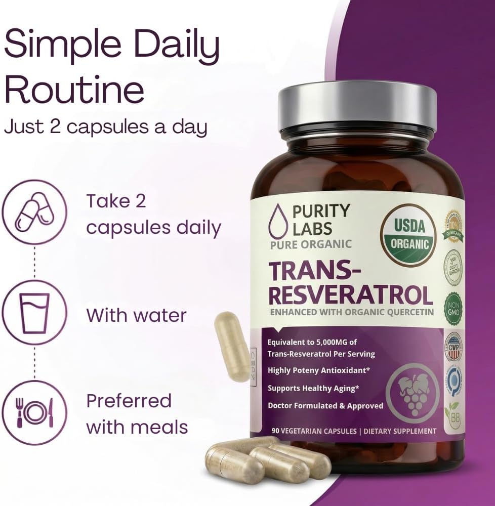 Purity Labs Trans-Resveratrol Supplement 5, 000 mg Equivalent per Serving with Quercetin, USDA Organic High Potency Antioxidant, Vegan Capsules