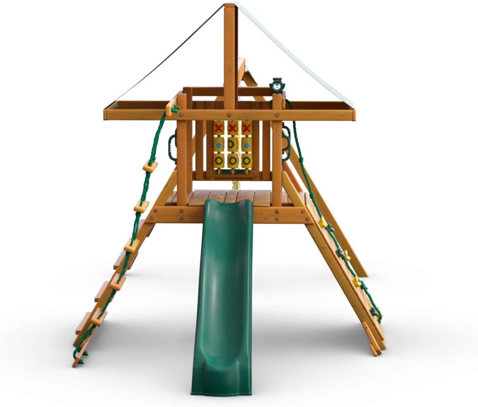 Gorilla Playsets 01-1059-AP High Point Wood Swing Set with Green Vinyl Canopy, Two Swings, Rock Climbing Wall, Slide, Amber