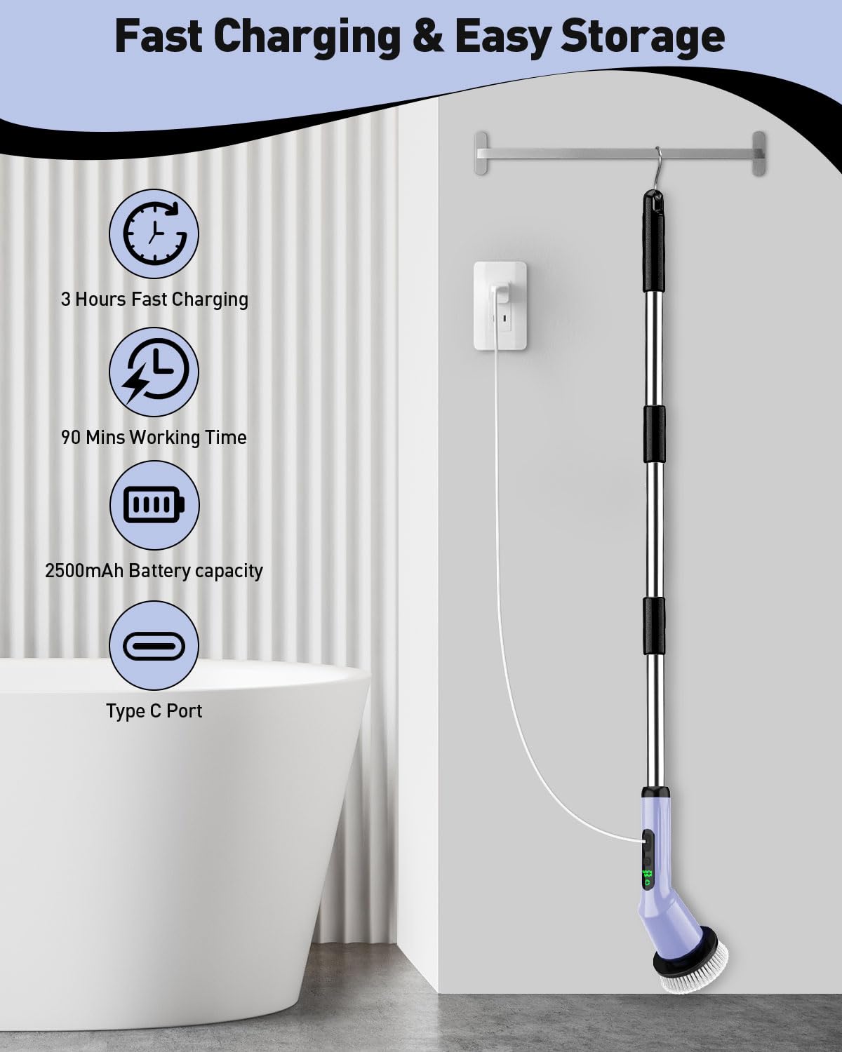 Electric Spin Scrubber for Bathroom, Shower Scrubber with Long Handle | Shower Cleaner Brushes, IPX7 Waterproof & 2 Speed, 3 Brush Heads, 90min Runtime, Bathroom Cleaning Supplies for Toilet Tub