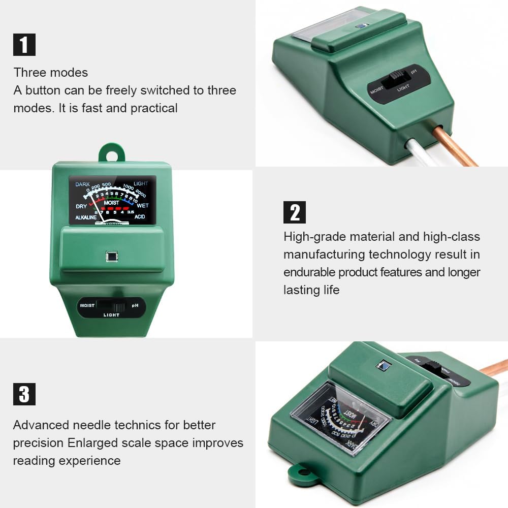 SONKIR Soil pH Meter, MS02 3-in-1 Soil Moisture/Light/pH Tester Gardening Tool Kits for Plant Care, Great for Garden, Lawn, Farm