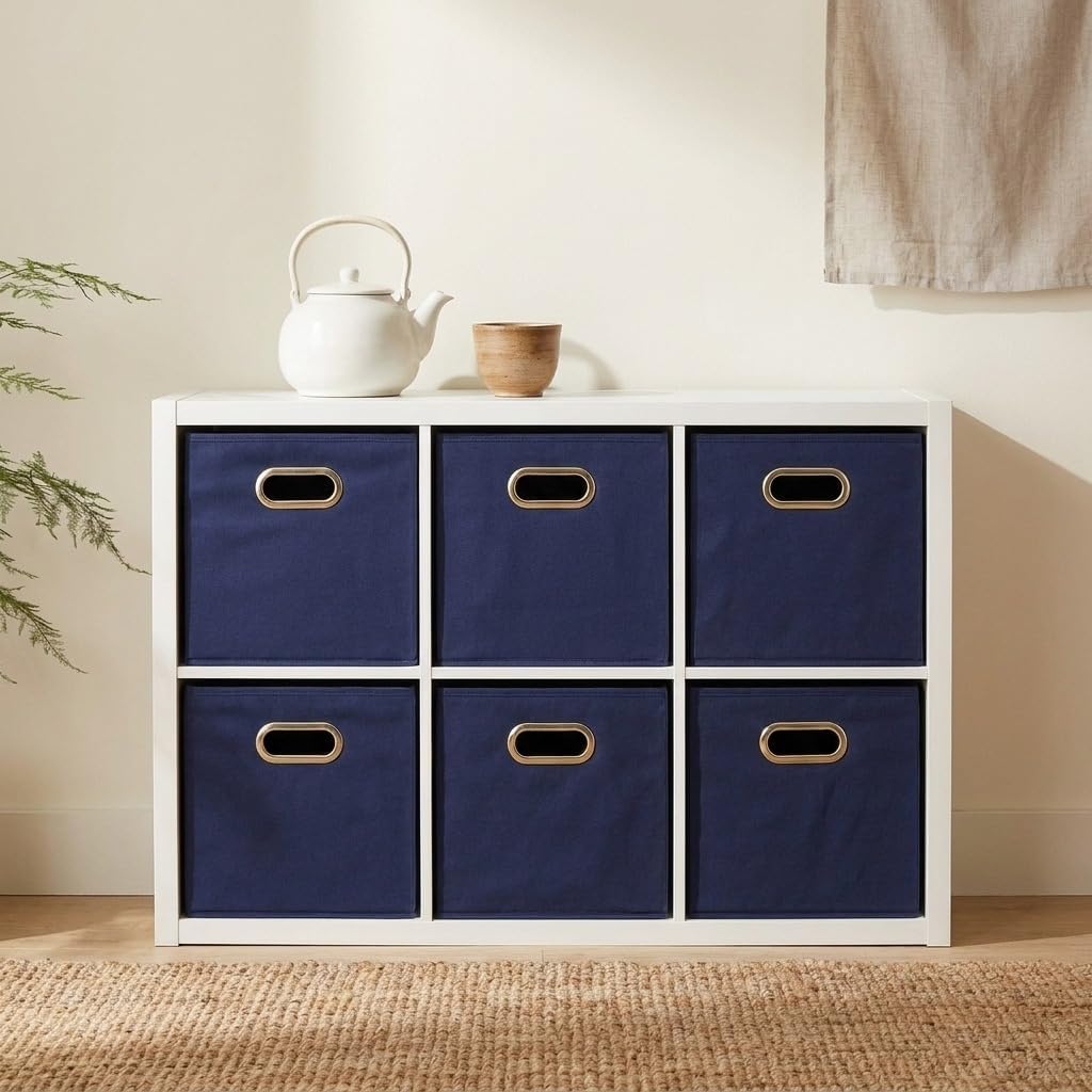Household Essentials Fabric Storage Bins 6 Piece Set, Strong Poly-Woven Fabric, Sturdy Chipboard Sides, Grommet Front Handle, Stackable and Foldable, Classic Design, Navy