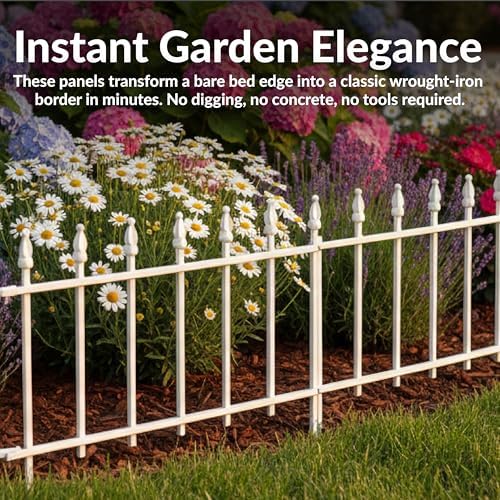 Sunnydaze Decorative Garden Fence Border, 9ft, 5 Panels, Black | 22" W x 18" H No Dig Metal Edging for Flower Beds, Yard, Lawn, Pathways & Landscaping, Roman Finial Design