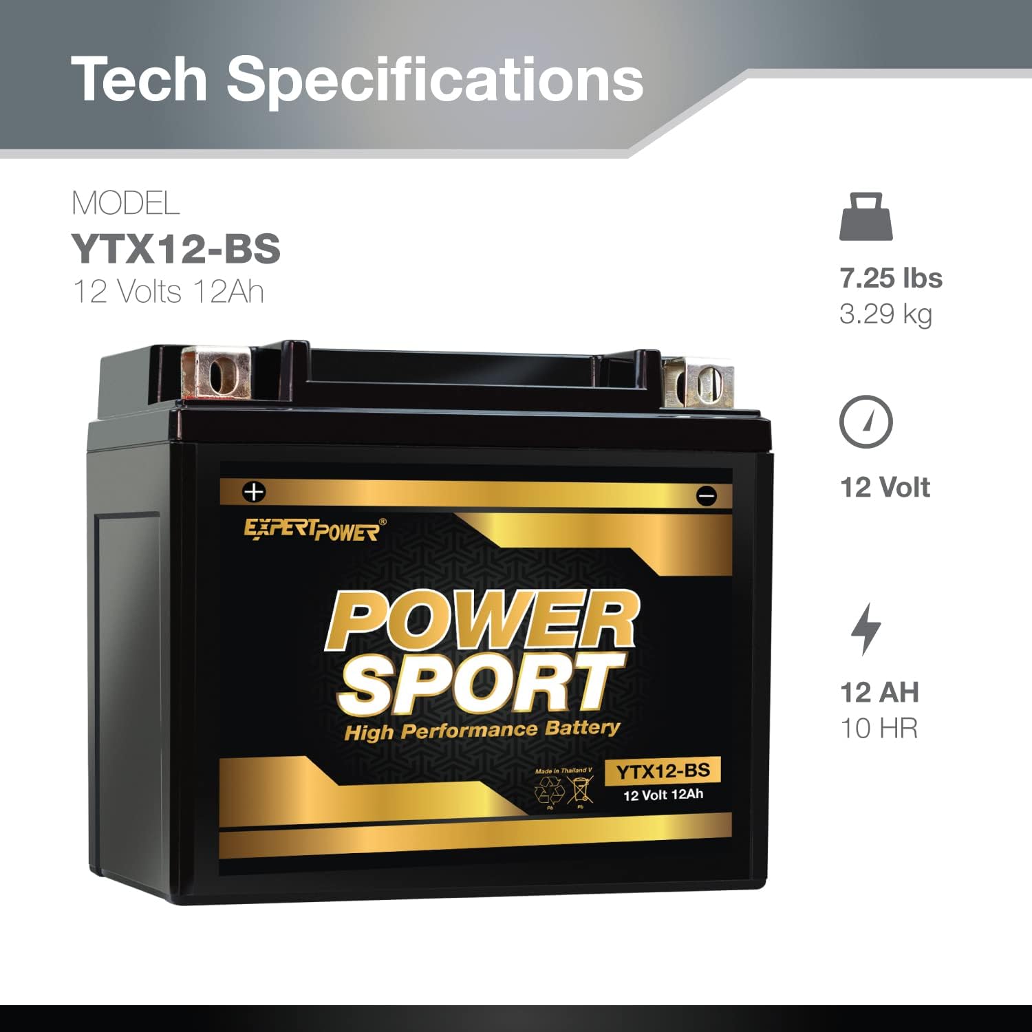 ExpertPower YTX12-BS AGM Motorcycle Battery 12V 12Ah Powersports ATV Battery - Sealed Lead Acid, Maintenance-Free for Motorcycles & UTVs, Recon