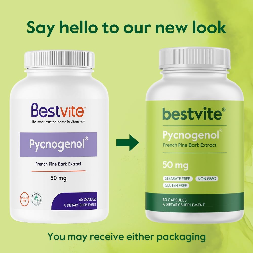 BESTVITE Pycnogenol 100mg (60 Caps) - French Maritime Pine Bark Extract | No Stearates - Gluten Free - Non GMO - Scientifically Studied - Healthy Aging Supplement* - Easy to Swallow Caps