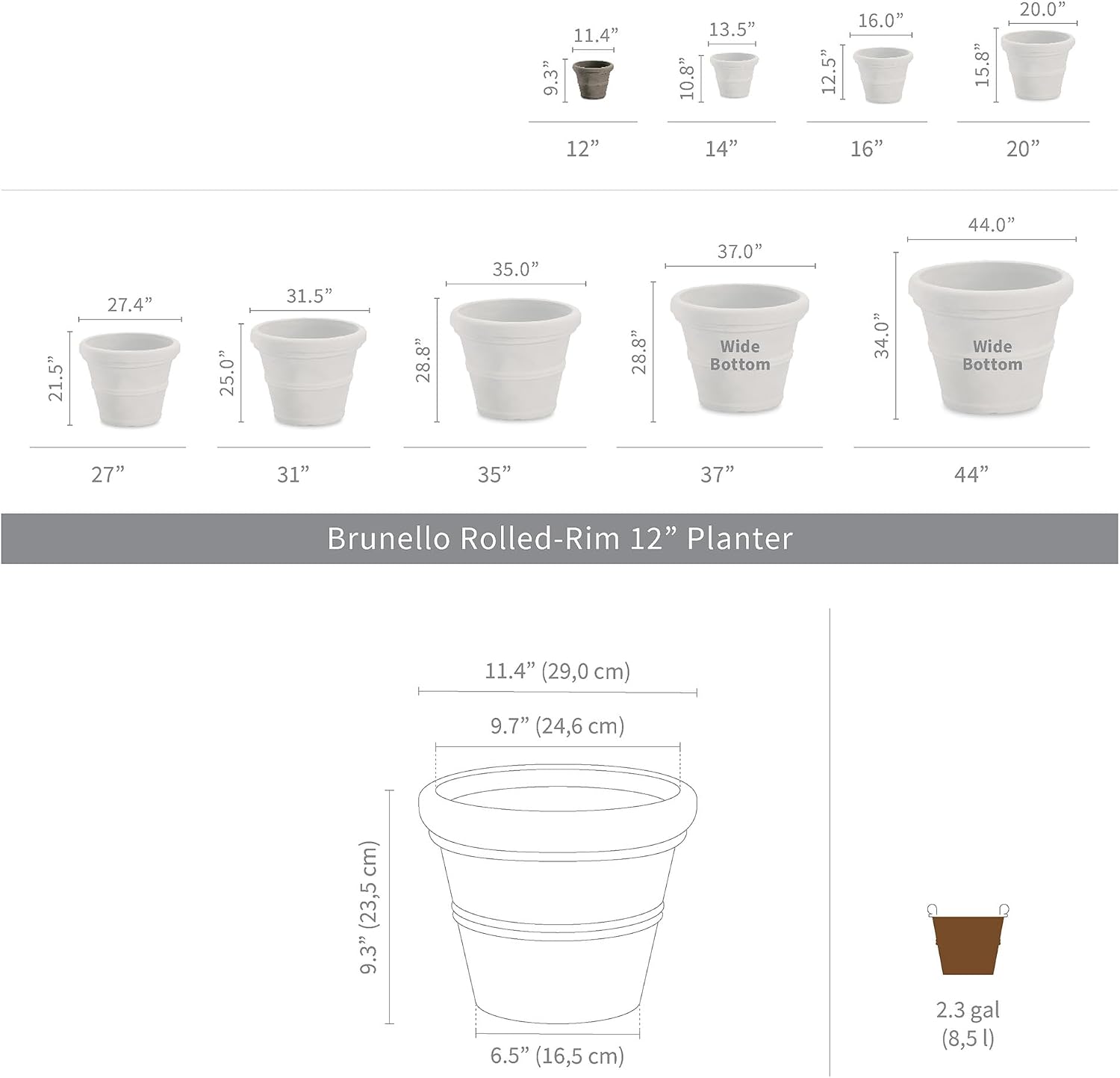 Crescent Garden Brunello Classic Gray Rolled Rim Planter Pot, Lightweight Indoor/Outdoor Weather-Safe Round Plant Pot, 27''W (Weathered Concrete)