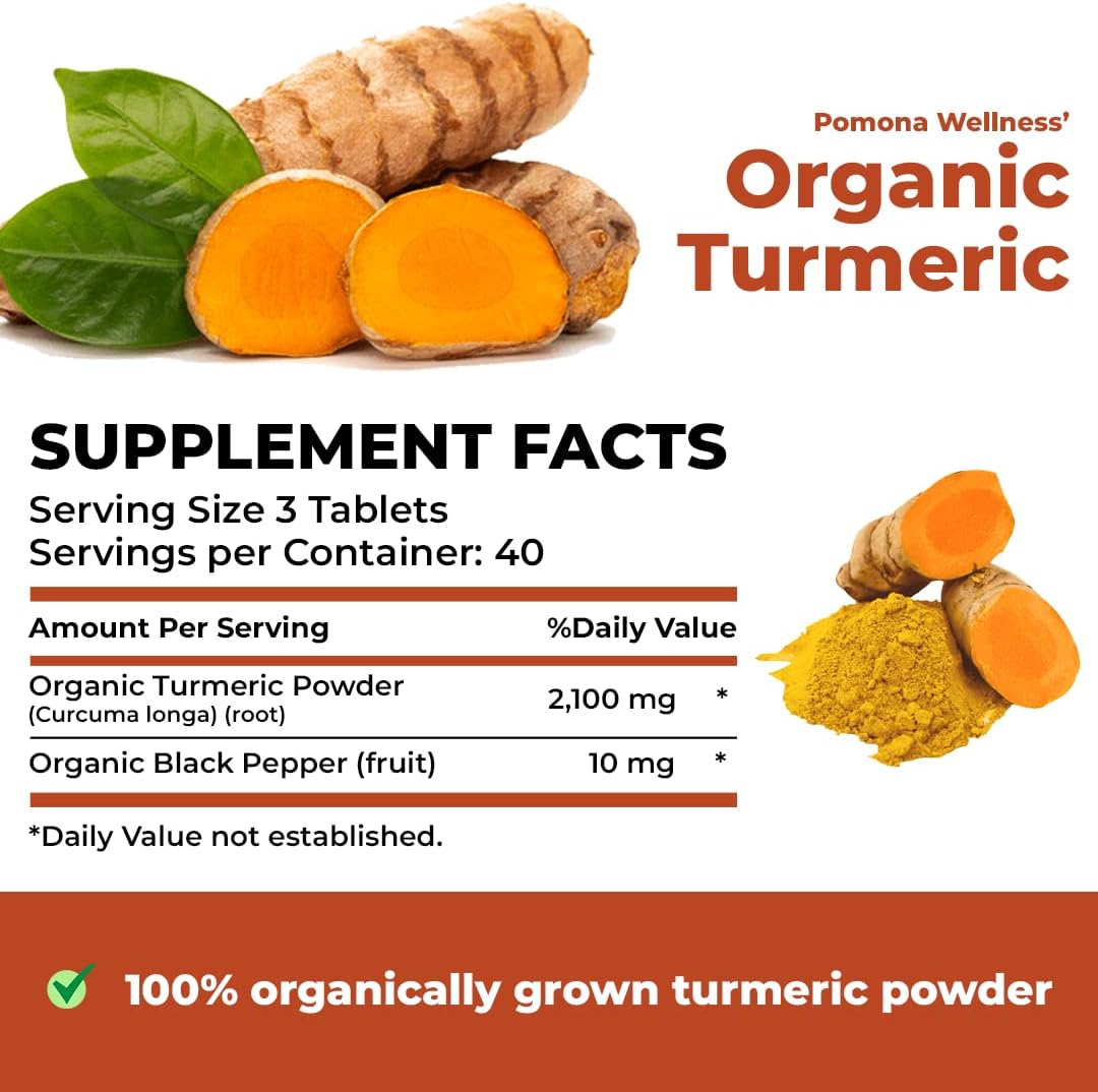 Pomona Wellness Organic Turmeric Supplement 2100 mg, 120 Tablets