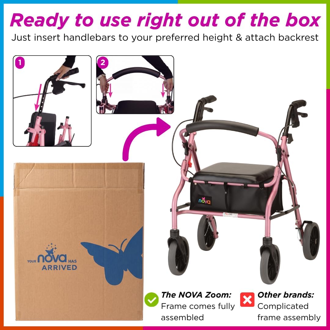 NOVA Zoom 22 Rollator Walker for Seniors, Rolling Walker with Locking Hand Brakes, Padded Seat & 8" Wheels, Lock N Load for Easy Transport & Storage, Adjustable Height 5'5"–6'1", Red