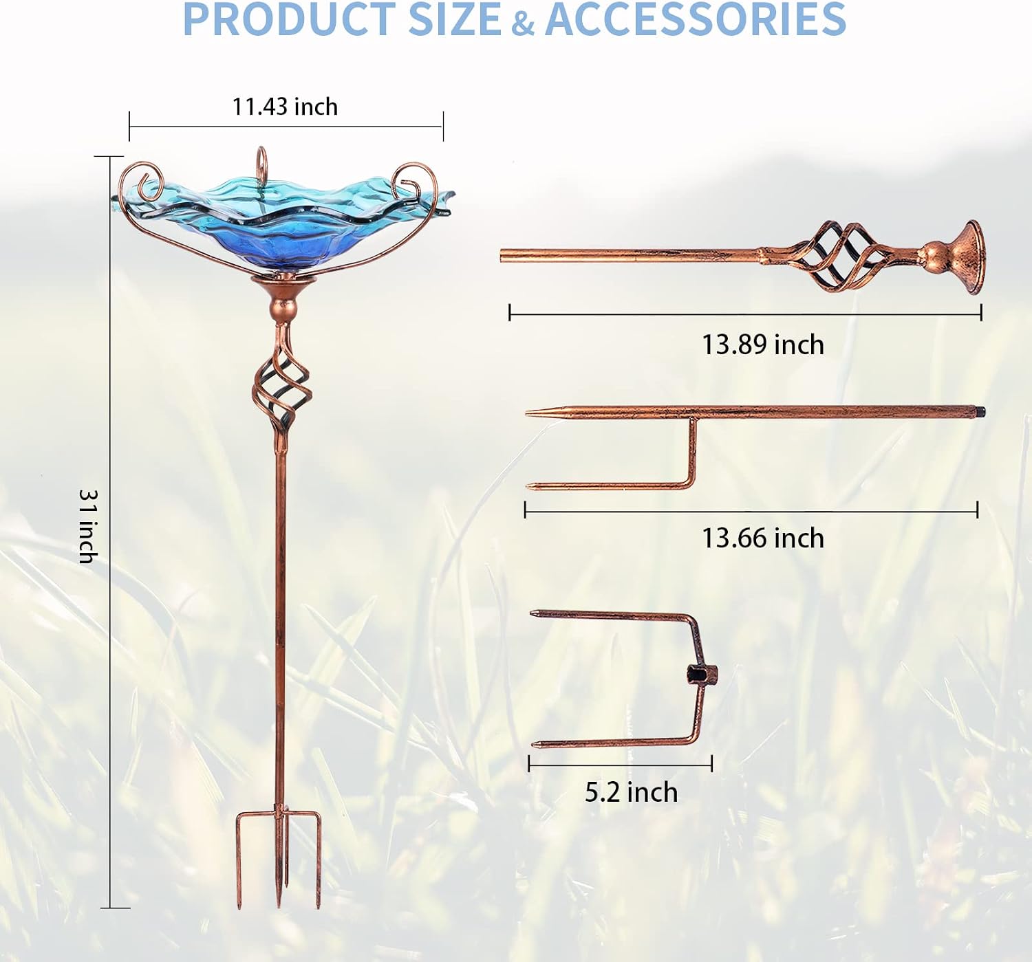 VCUTEKA Glass Bird Bath Outdoor Birdfeeder with Metal Stake Garden Decor