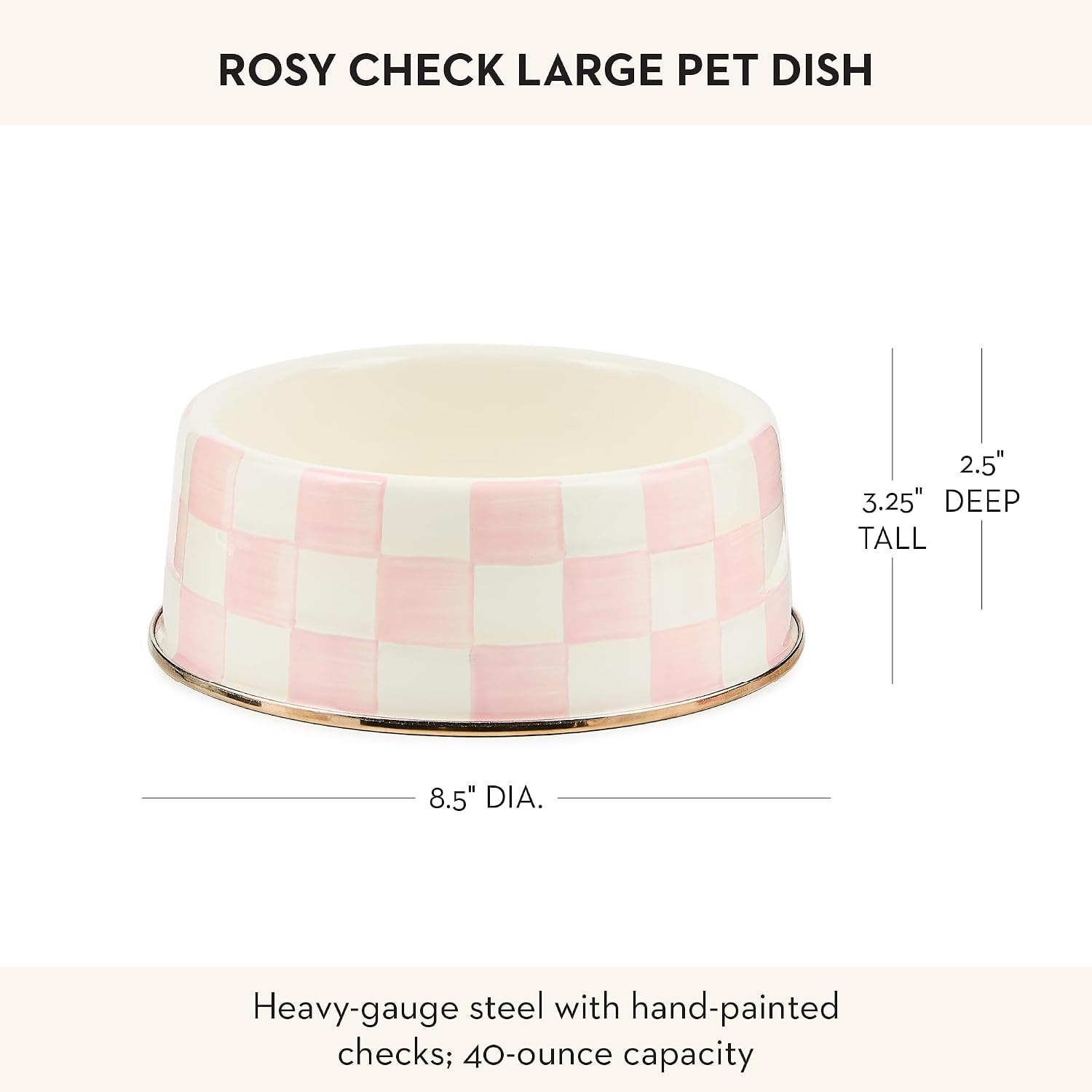 MACKENZIE-CHILDS Enamel Pet Dish, Large, Black-and-White Courtly Check | Decorative cat and dog bowl for food and water, 40-ounce capacity