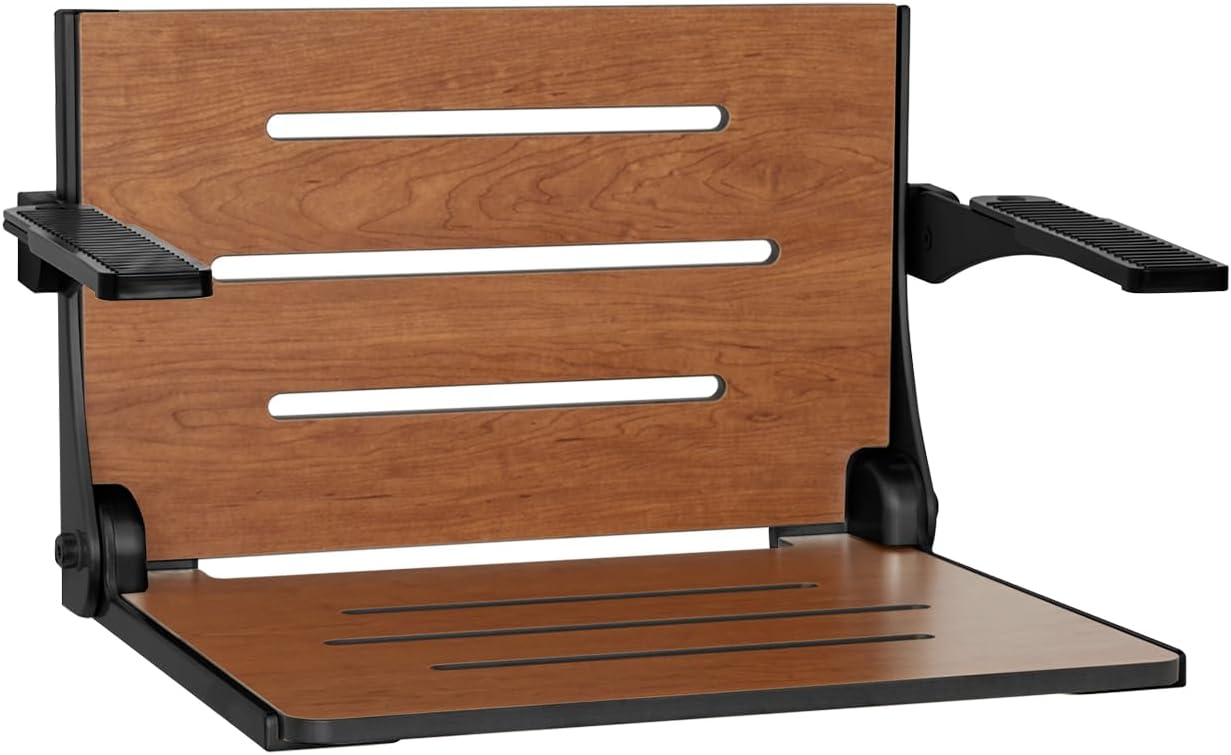 Seachrome Silhouette Comfort Folding Wall Mount Shower Bench Seat with Arms, Teak Seat with Silver Frame