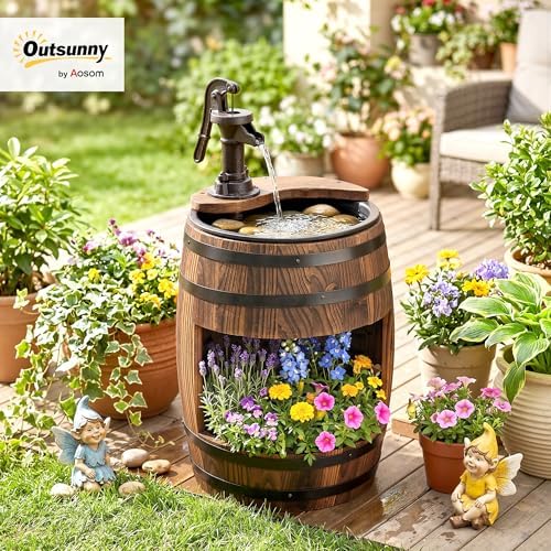 Outsunny 23" H Outdoor Water Fountain Wood and Plastic Rustic Apple Barrel | Pump, Garden Decor, Outside Backyard