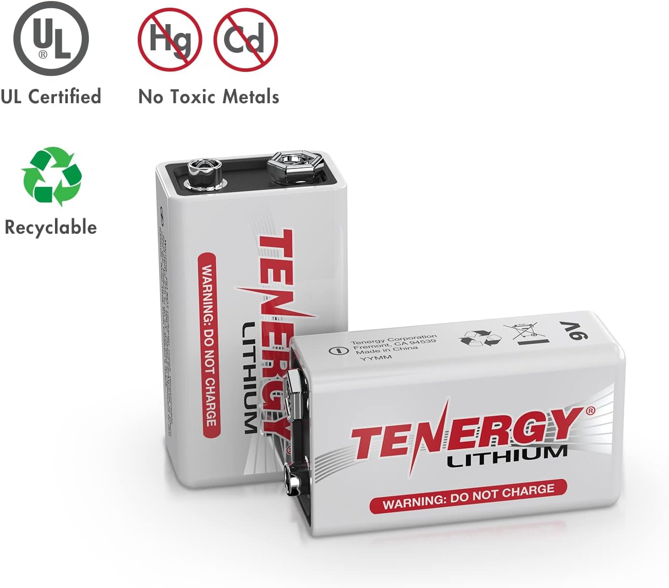 Tenergy 9V Lithium Batteries, 1200mah Non-Rechargeable Batteries, 10 Years Shelf Life Lithium 9 Volt Batteries, 2 Pack