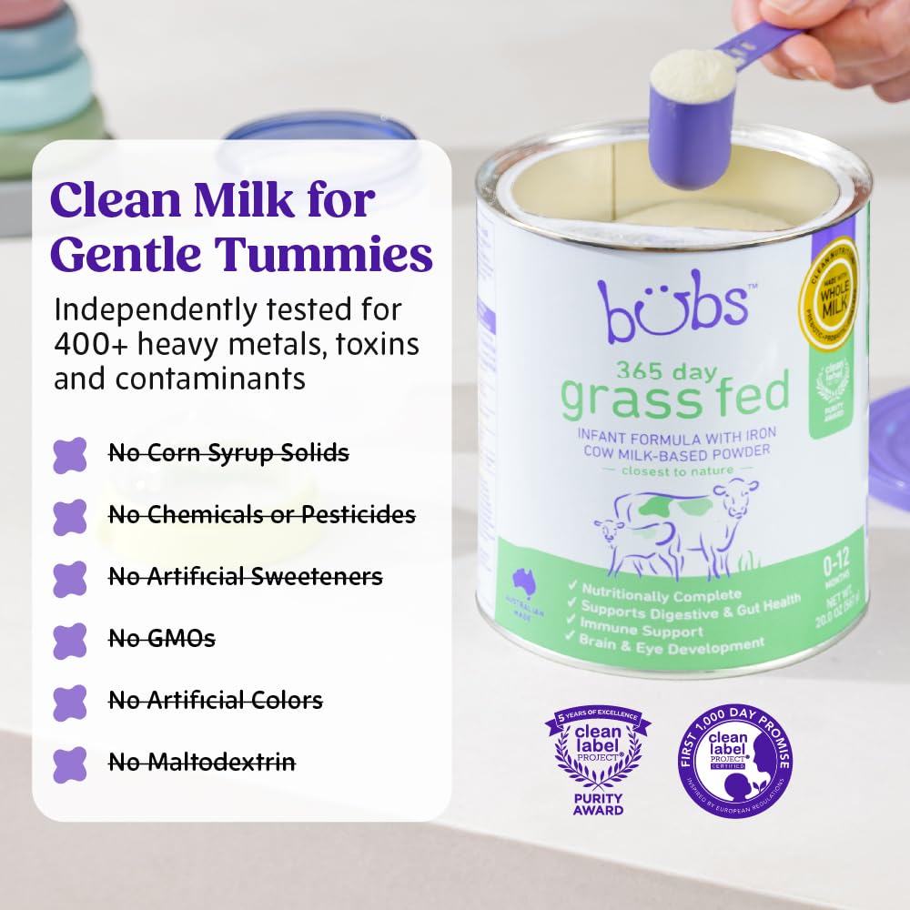 Bubs 365 Day Grass Fed Infant Formula for 0-12 Months, Non-GMO Milk, 20oz | Cow Milk-Based Powder with Iron, DHA, Prebiotics & Probiotics to Support Gentle, Digestive Health