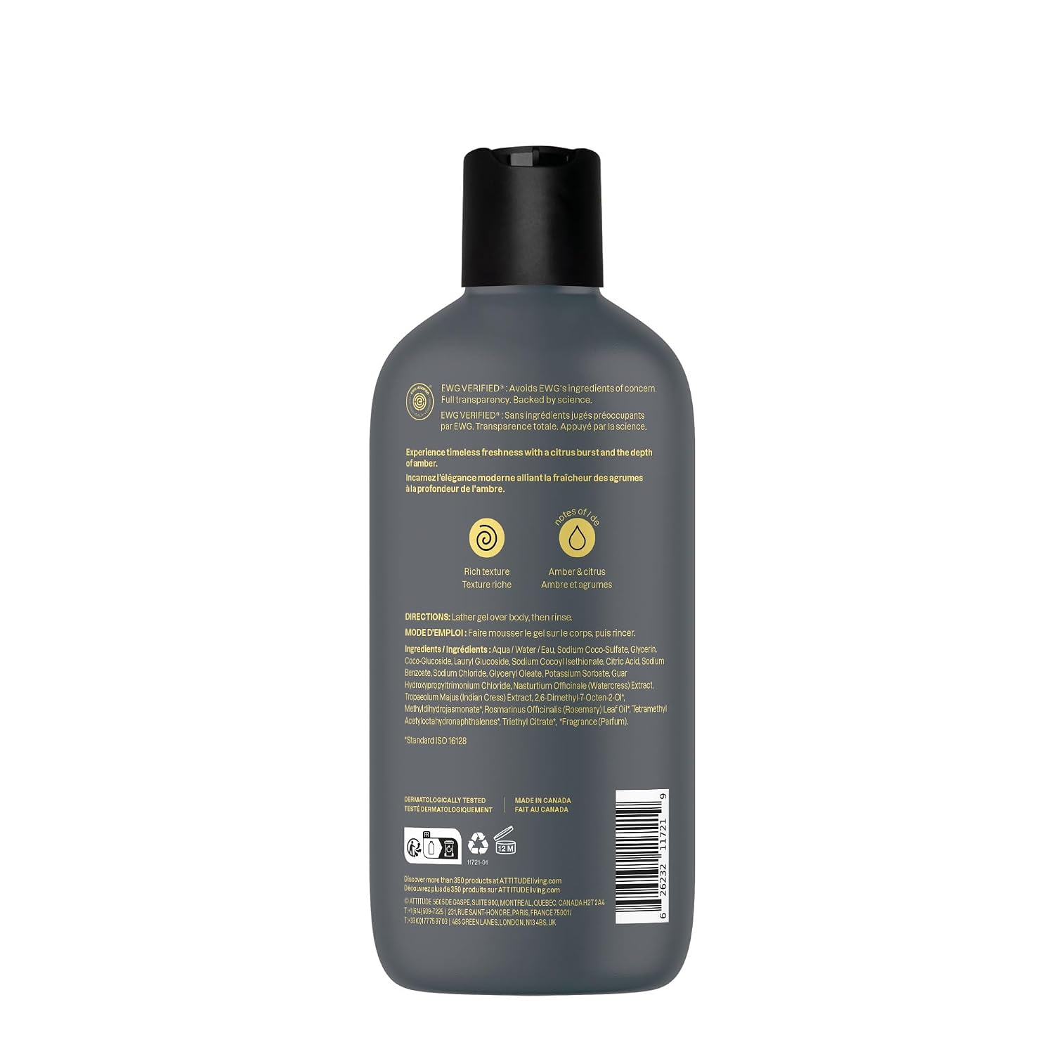 ATTITUDE Body Wash, EWG Verified Shower Gel, Dermatologically Tested, Plant and Mineral-Based, Vegan Personal Care Products, Earl Grey & Fresh Cucumber, 16 Fl Oz