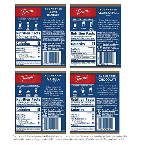 Torani Sugar Free Drink Syrup Soda Flavors Variety Pack, 25.4 fl oz, 4 Pack
