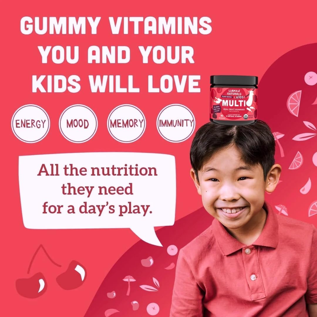 Llama Naturals Kids Multivitamin Gummies | Real Fruit, No Added Sugar Cane | Organic Vegan Toddler Whole Food Vitamins | Vitamin D, C & Beta Carotene Gummy Supplement | Cherry 90 Ct (1-2 Months)
