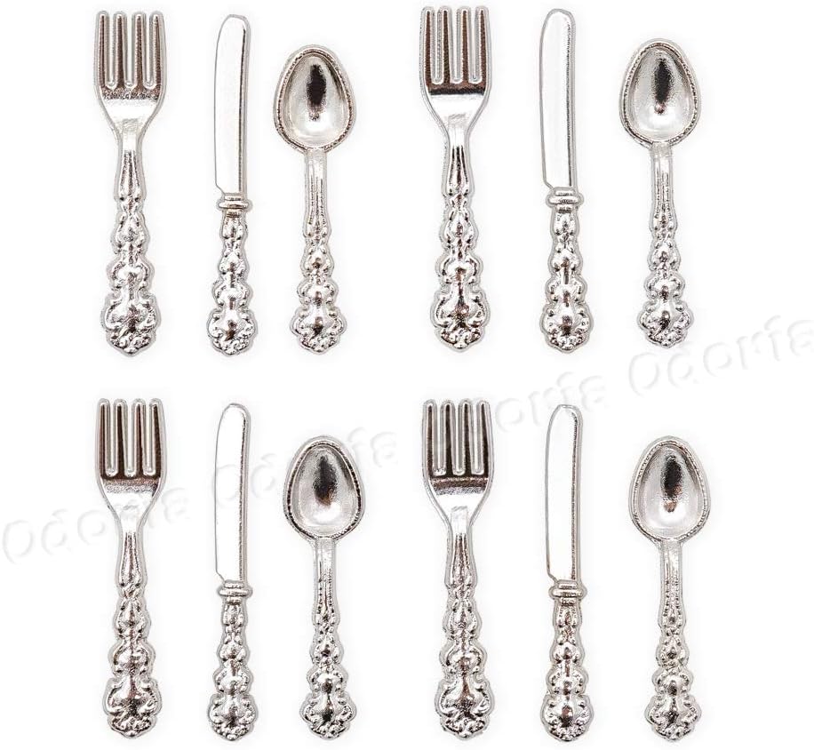 Odoria 1/12 Miniature Plates and Silverware Knife Fork Spoon Set Dollhouse Accessories, Silver