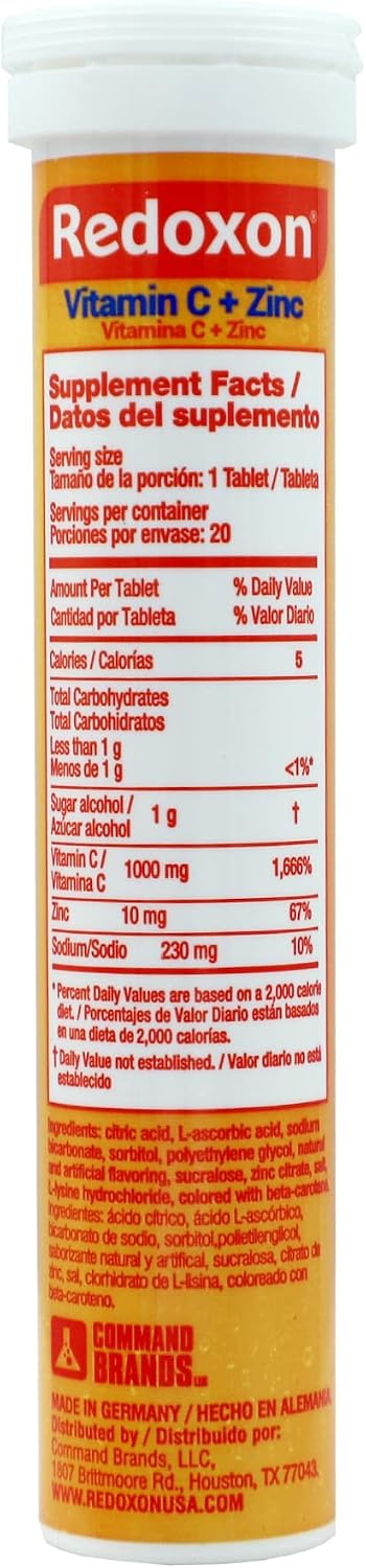 Redoxon Vitamin C + Zinc, Effervescent Tablets of Vitamin C and Zinc, Helps Support Your Immune System, Orange Flavor, 20 Effervescent Tablets, 2.82 Oz, Box