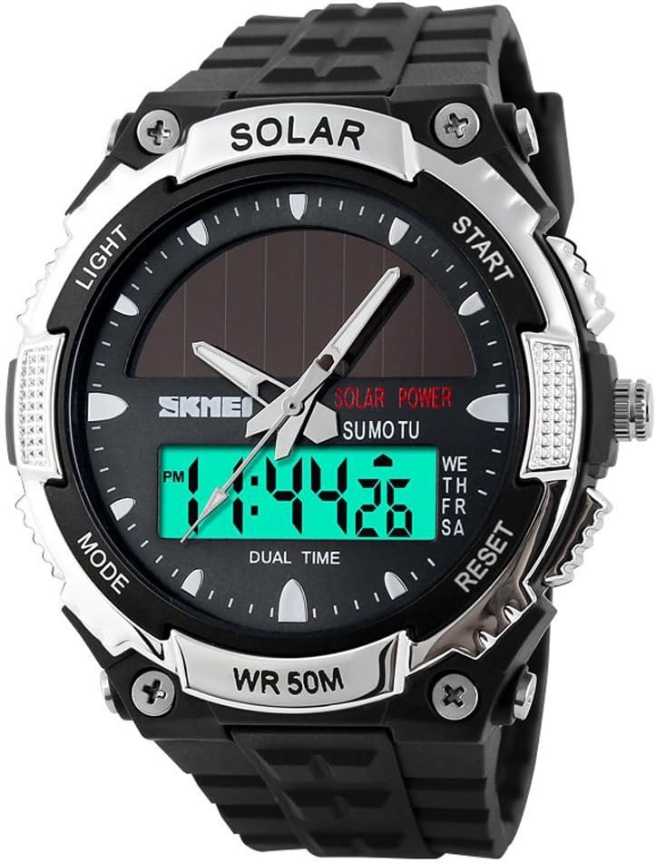 MASTOP Solar Powered Energy Watch for Men Military Digital Multifunctional Led Luminous Indication 2 Time Zone 50m Waterproof Watch Reloj Solar para Hombre