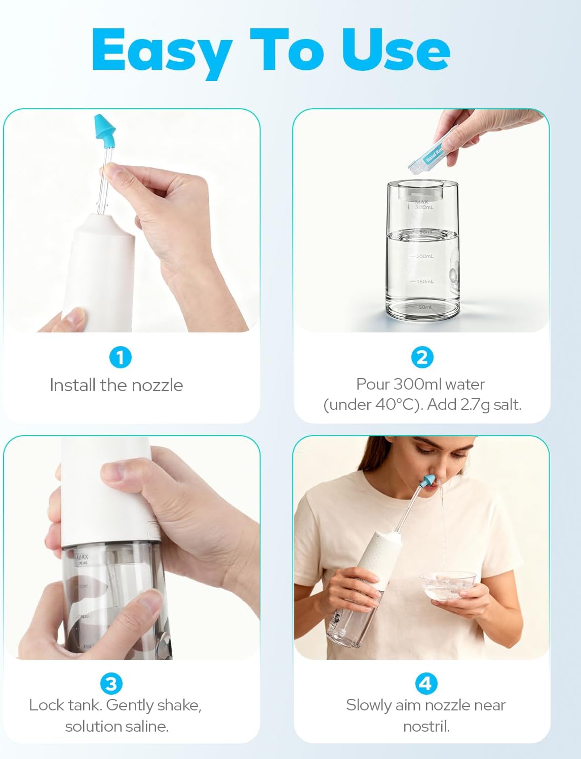 Nasal Irrigation System 300ml Tank with 6 Nozzles & 40 Salt Packets, Cordless Electric Nasal Rinse Machine for Sinus Relief & Allergies