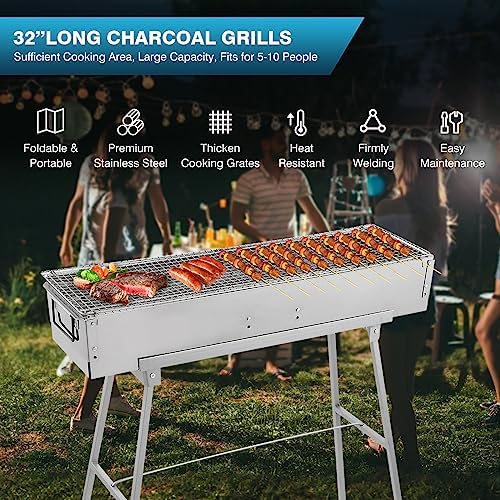 IRONWALLS Portable Charcoal Grills Outdoor with Stand 32"(L) x8"(W) x32"(H) | Stainless Steel Foldable Barbecue Grill Stand Charcoal