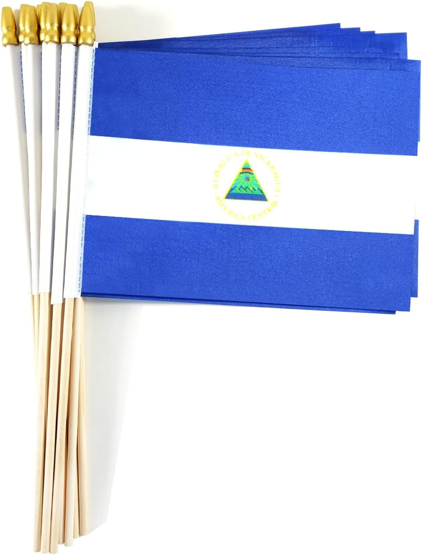 QQSD Nicaragua Small Flag Nicaraguan Stick Mini Hand Held Flags - Solid Wooden Pole with Spear Top, 12 Pack