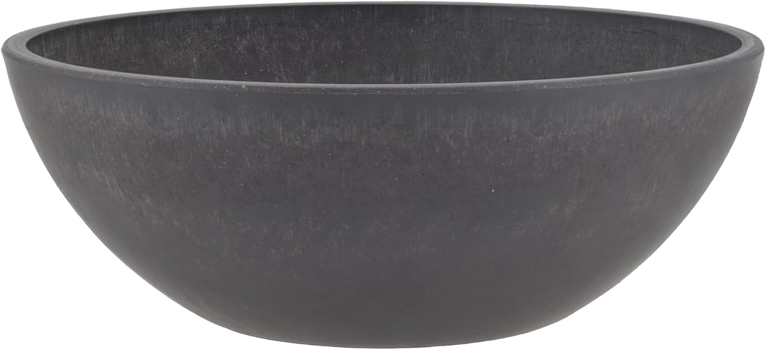 PSW Pot Collection M30DC 12-inch Plastic/Stone/Wood Composite Low Bowl Planter – No Drainage Hole (Drillable), Shallow Indoor/Outer Pot for Succulents, Bonsai, Fairy Gardens, Herbs, Dark Charcoal