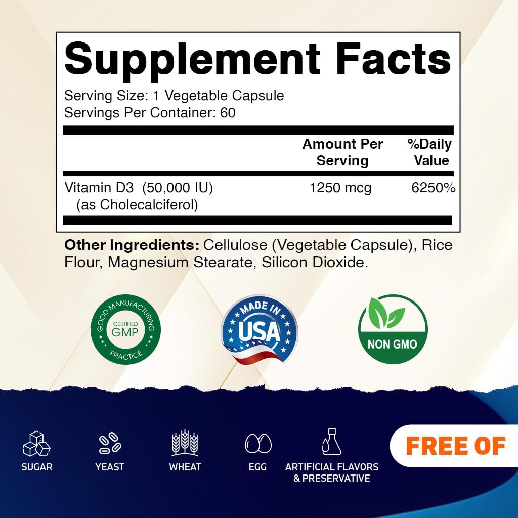 Vitamatic 2 Pack Vitamin D3 50, 000 IU (as Cholecalciferol), Once Weekly Dose, 1250 mcg, 60 Veggie Capsules 1 Year Supply