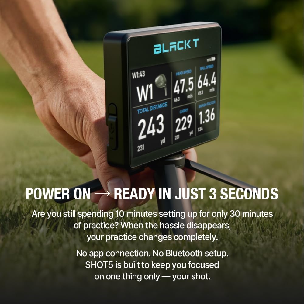 BLACK T SHOT5 Golf Launch Monitor Portable Doppler Radar Swing Speed Trainer with Ball Speed, Club Head Speed, Smash Factor & Distance Tracking