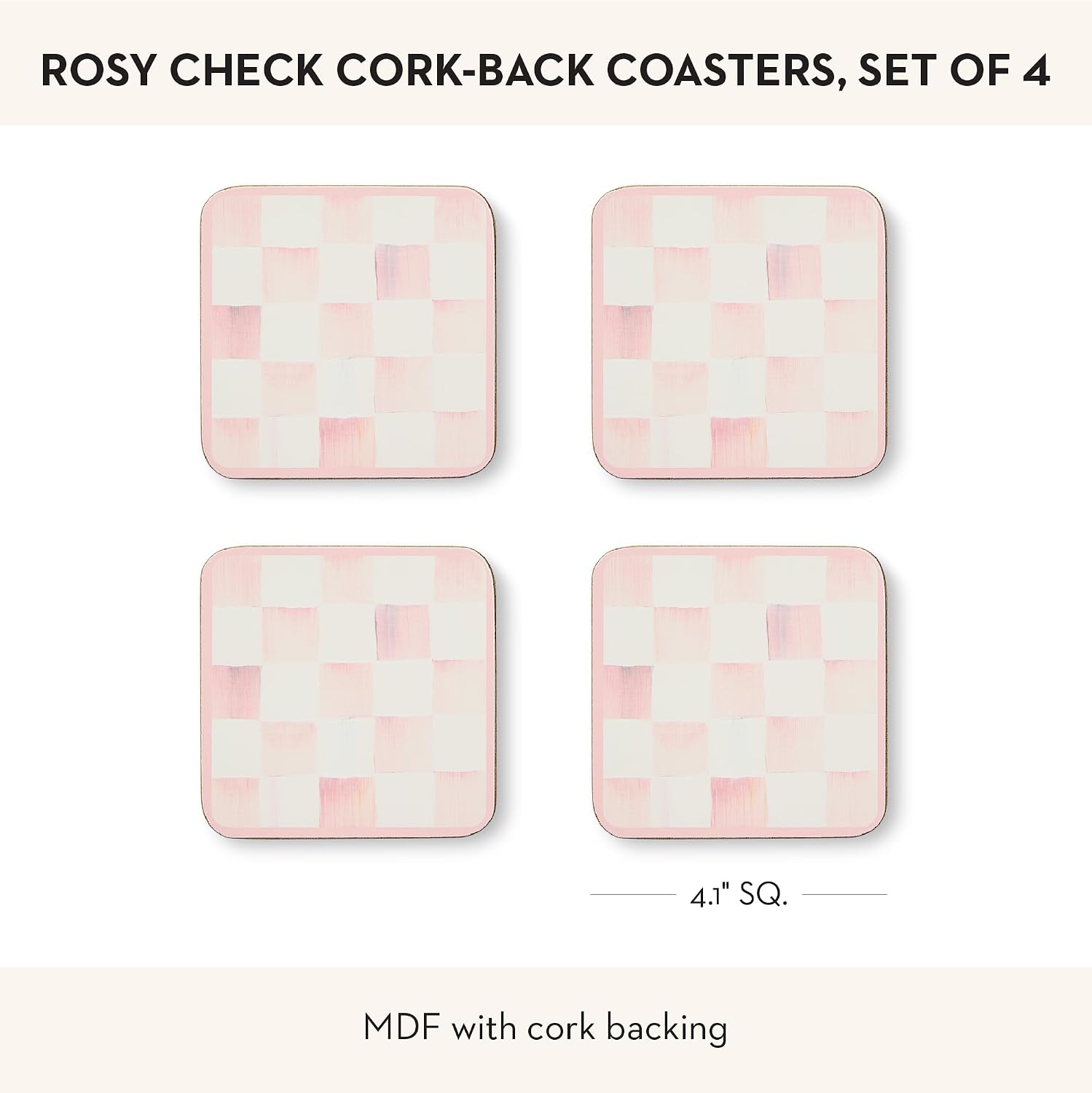 MACKENZIE-CHILDS Square Coasters Set, Black-and-White Courtly Check | Hand-painted design, made from MDF with a cork back, table coasters for drinks, 4" square, set of 4