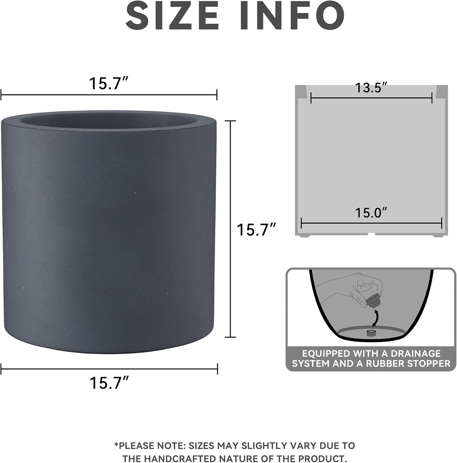 Kante Large Round Cylinder Charcoal Concrete Planter 15.8" Tall, Outdoor