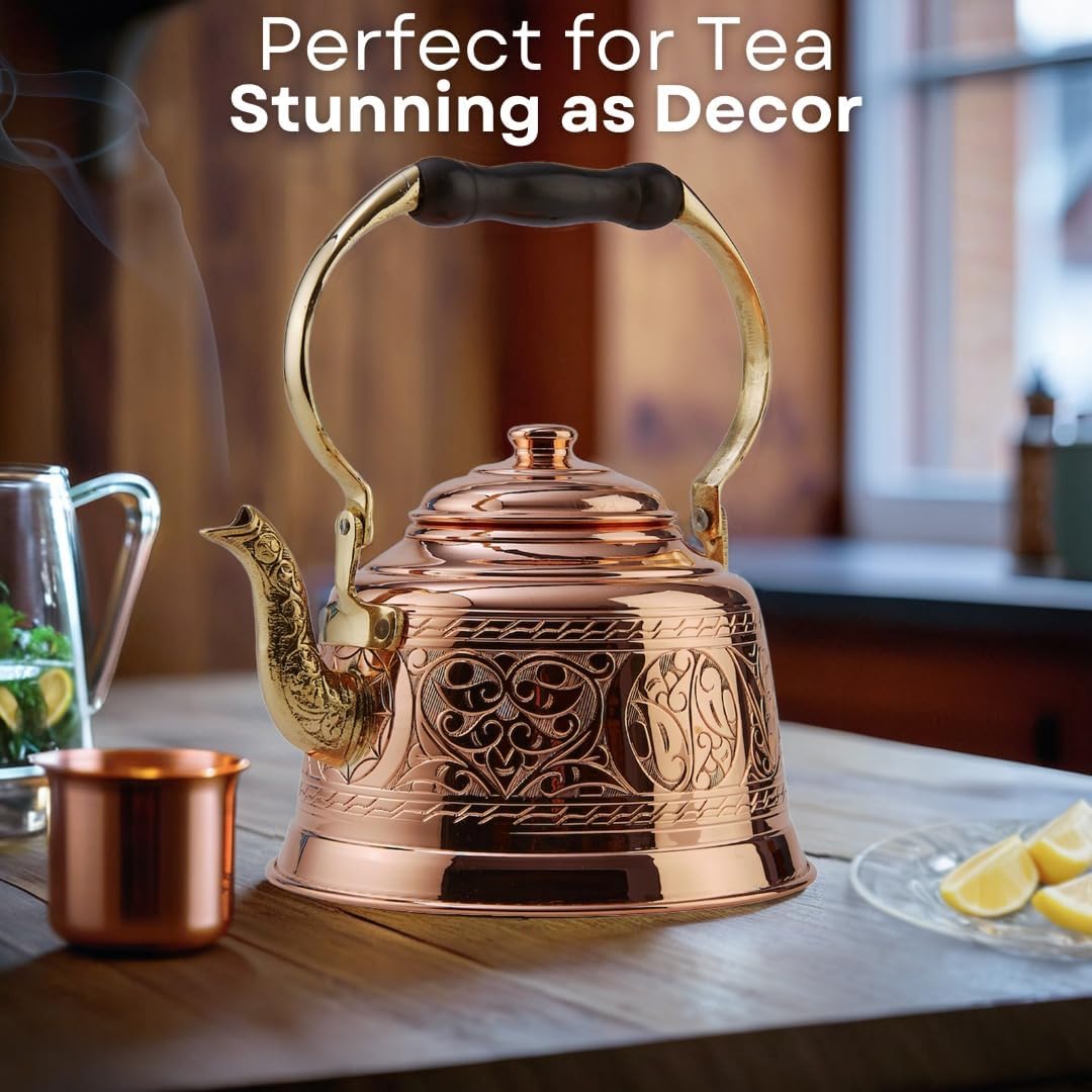 DEMMEX Heavy Gauge 1mm Thick Engraved Solid Copper Tea Pot Kettle Stovetop Teapot, Handmade (1.6-Quarts - Engraved)