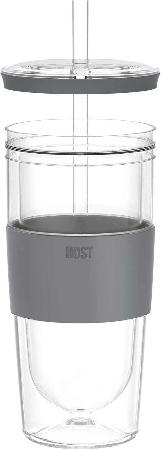 HOST Double Wall Insulated Freezable Drink Chilling Tumbler with Freezing Gel Glasses for Red and White Wine, Straw and Lid, Plastic, 16 oz, Grey