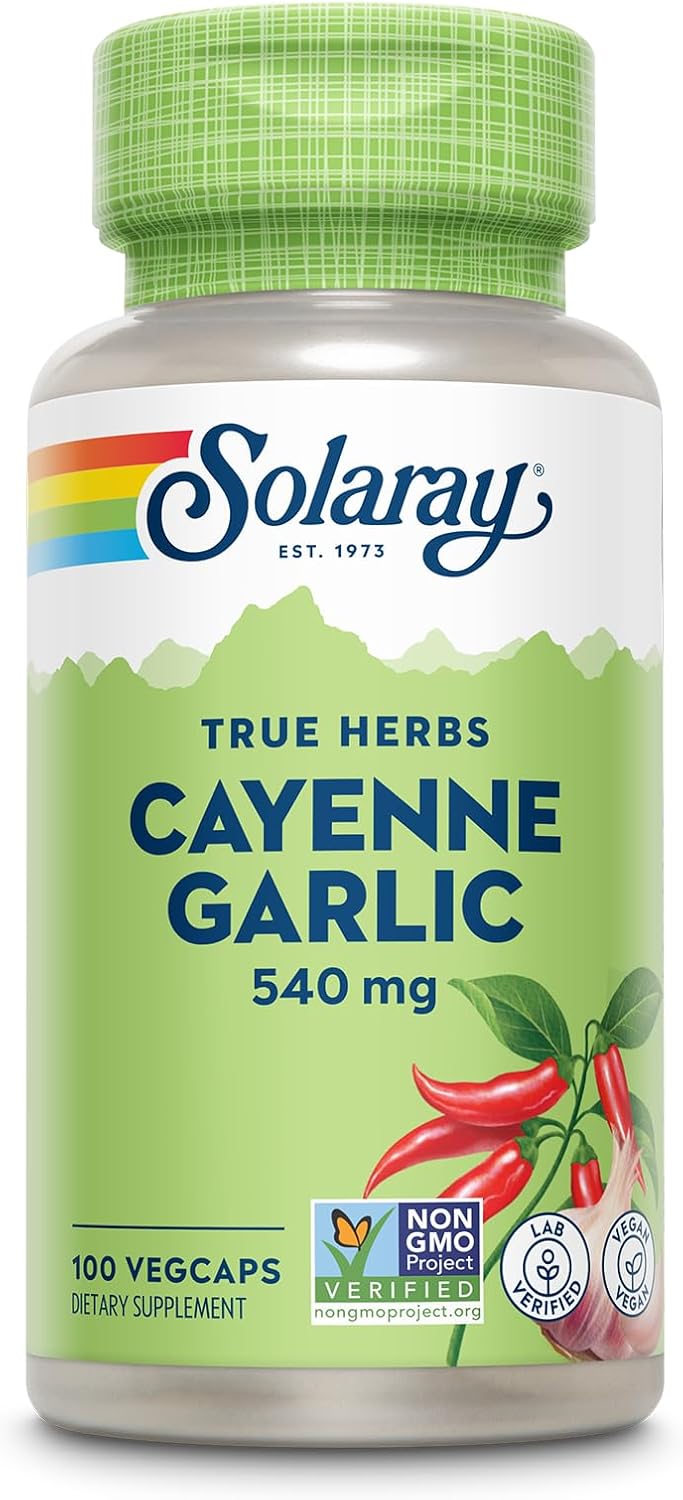 SOLARAY Cayenne Garlic 540 mg - Cayenne Pepper and Garlic Supplements with Capsaicin - Supplying 40, 000 Heat Units - Non-GMO Project Verified, Vegan
