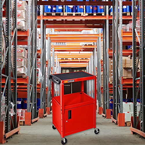 LUXOR AVJ42C-RD Steel AV Cart with Adjustable Height and Storage Cabinet, Multipurpose Utility Cart, 24" to 42" Height, 3 Outlet Electrical Assembly