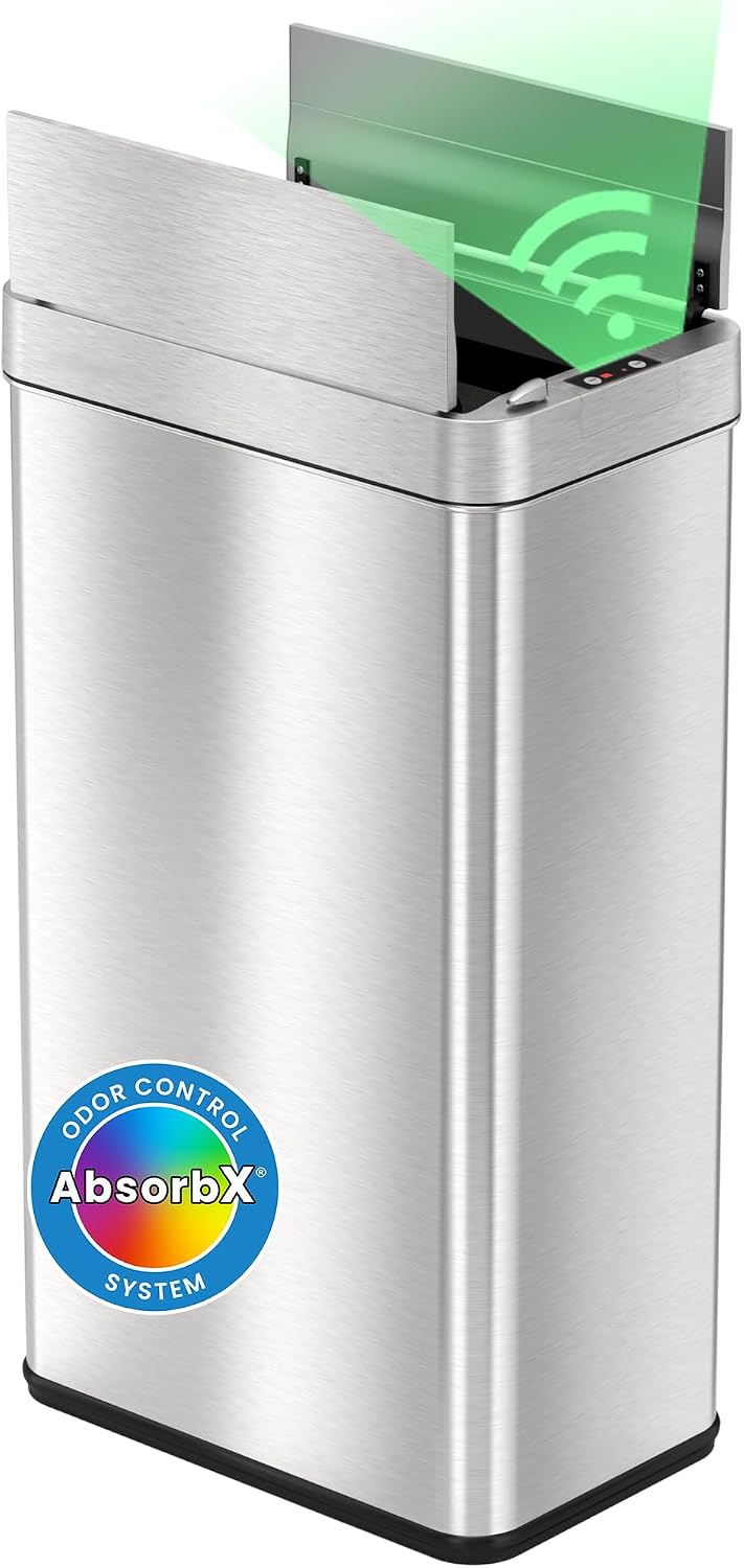 iTouchless Glide 13 Gallon Sensor Garbage Can with Wheels and Odor Control System, Stainless Steel, Automatic Kitchen Bin and Office Trash Bin (Powered by Battery or Optional AC Adapter)