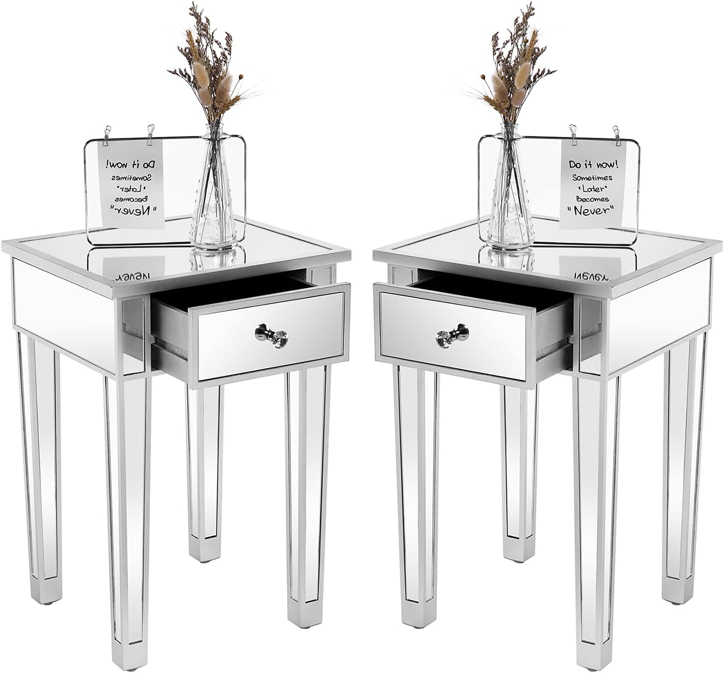 VINGLI Mirrored End Table with Drawer Silver Modern Nightstand/Bedside/Accent Table for Small Space, Living Room, Bedroom, 15.7" L x 15.7" W x 24" H