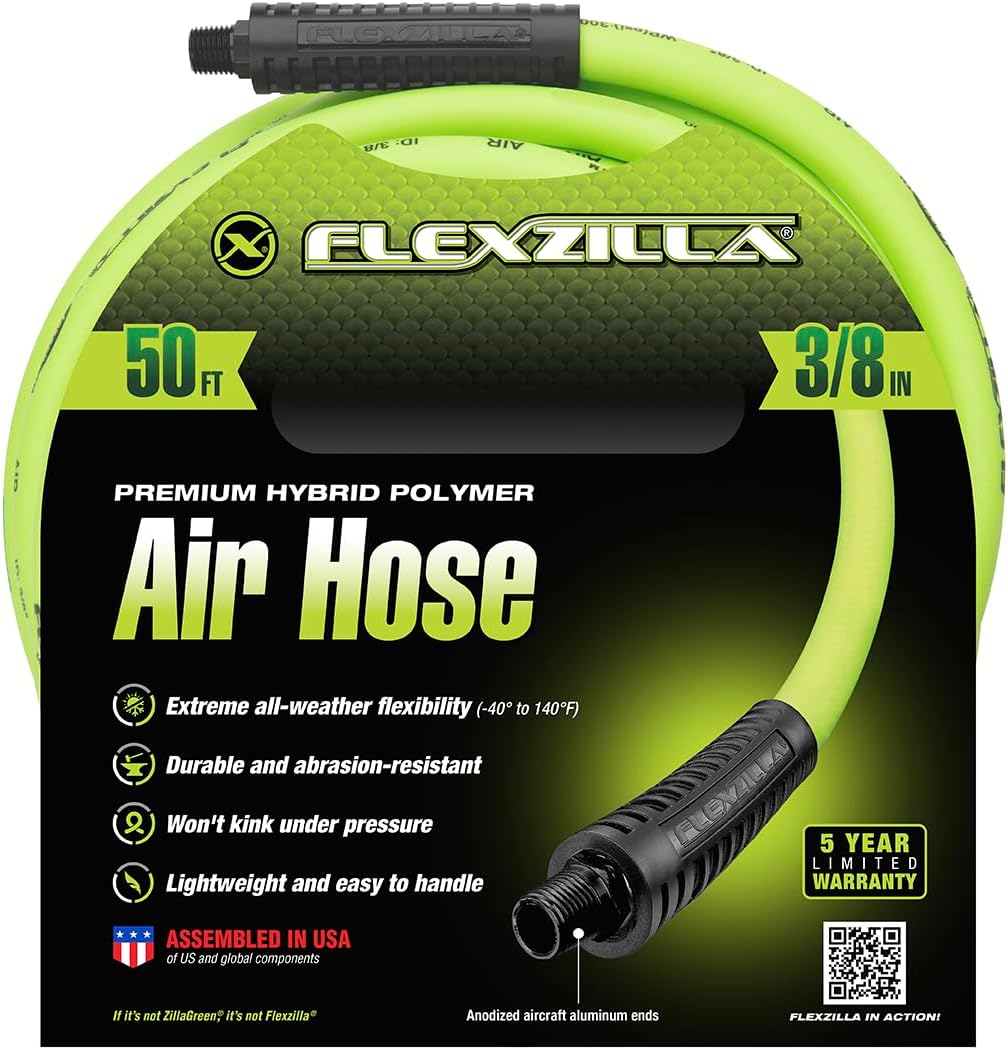 Flexzilla Air Compressor Hose, 3/8 in. x 50 ft., 1/4 in. MNPT Fittings, No-Kink, All Weather, Lightweight, Premium Hybrid Polymer, 300 PSI, ZillaGreen