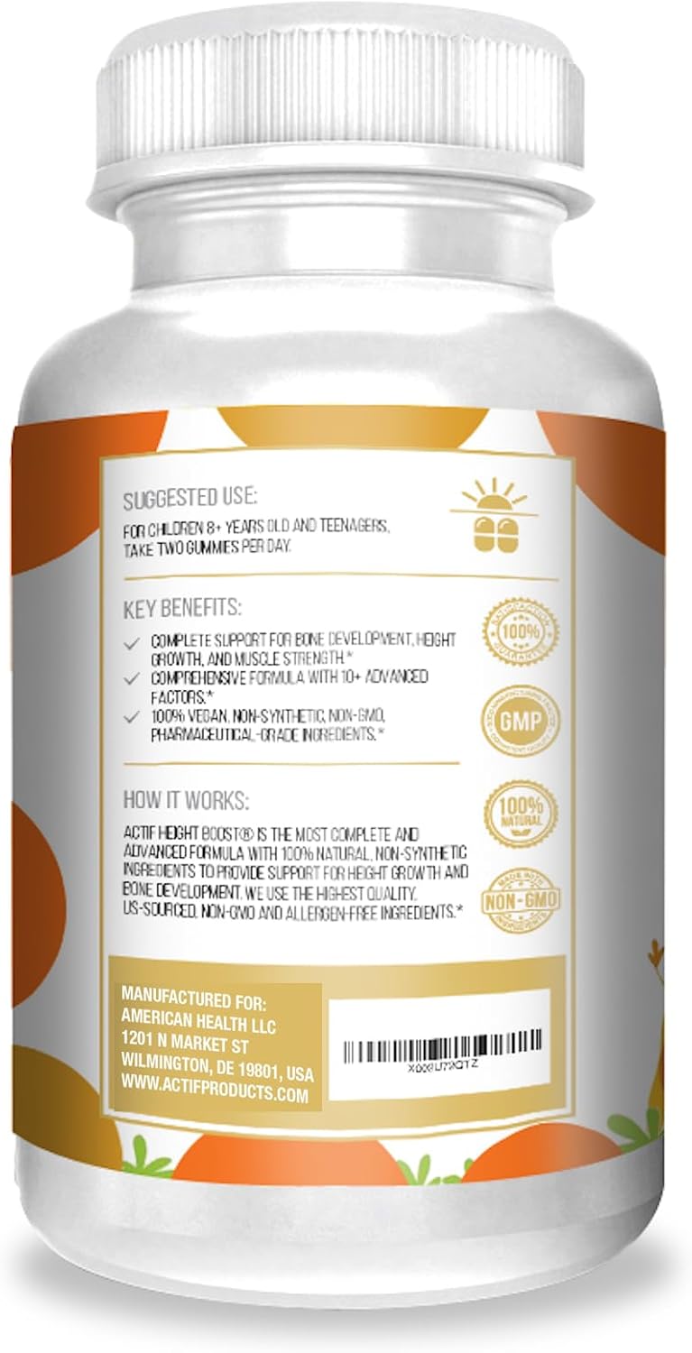 Actif Height Boost Mega Support for Height Growth with 10+ Factors, Height Supplement for Kids and Teens, 60 Gummies, Strawberry Flavor
