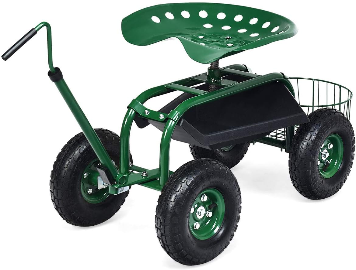 Goplus Rolling Garden Cart with Seat, Outdoor Garden Stool with Wheels, Tool Tray & Basket, Adjustable Steering Handle