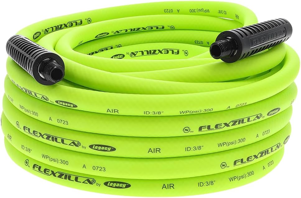 Flexzilla Air Hose, 3/8 in. x 50 ft., 3/8 in. MNPT Fittings, Heavy Duty, Lightweight, Hybrid, ZillaGreen - HFZ3850YW3