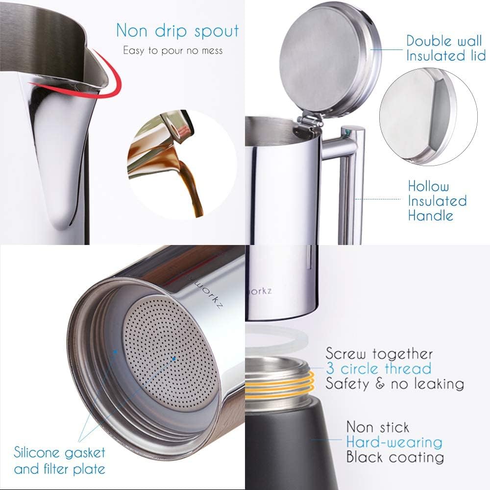 Easyworkz Diego Stovetop Espresso Maker Stainless Steel Italian Coffee Machine Maker 6Cup 10 oz Moka Pot Induction Espresso Pot