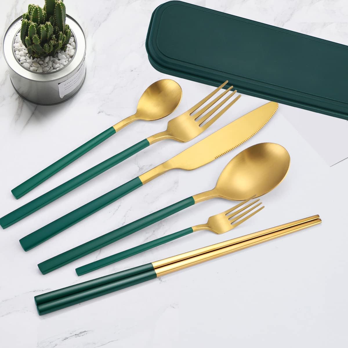 AARAINBOW 6 Pieces 18/8 Stainless Steel Flatware Set Portable Reusable Cutlery Set Travel Utensils Set Including Chopsticks Knife Fork Spoon Straws