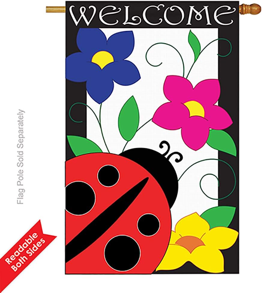 Two Group - Spring Ladybug Garden Friends - Everyday Bugs & Frogs Applique Decorative Vertical House Flag 28" x 44"