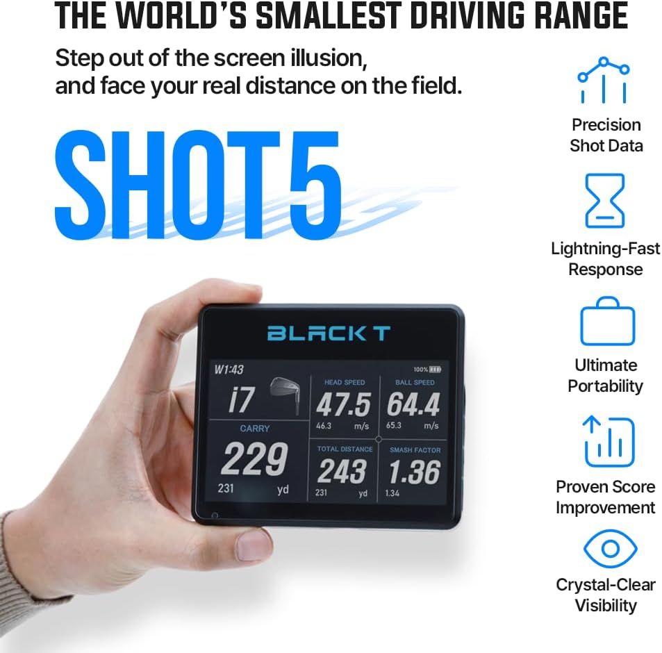 BLACK T SHOT5 Golf Launch Monitor Portable Doppler Radar Swing Speed Trainer with Ball Speed, Club Head Speed, Smash Factor & Distance Tracking