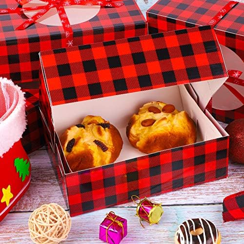 Aneco 12 Pack Christmas Cookie Boxes with Window Red and Black Plaid Holiday Treat Boxes Paper Food Boxes Xmas Gift Bags Cake Candy for Gift Giving