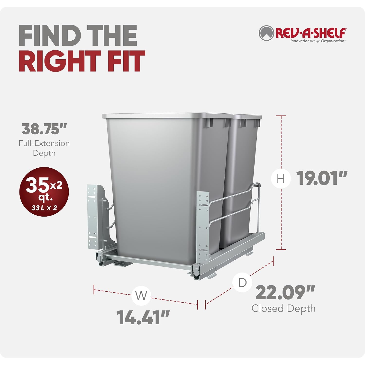 Rev-A-Shelf Double Pullout Trash Can w/Soft-Close Slides, 14.5" Min Opening | Large Capacity Garbage/ Recycling Waste Bins for Under Kitchen Cabinets, Heavy Gauge Wire Construction, 53WC-1835SCDM-217