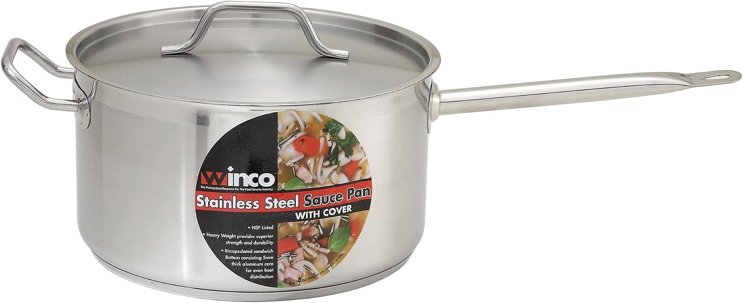Winco 4 1/2 qt Heavy-Duty 4.5 qt Stainless Steel Sauce Pan with Cover | Even heat distribution, Secure riveted handle, Great for Cooking, Food Preparation and Restaurant Kitchens